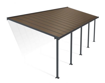 Feria 10 ft. x 30 ft. Grey Aluminium Patio Cover With 5 Posts, Bronze Twin-Wall Polycarbonate Roof Panels.