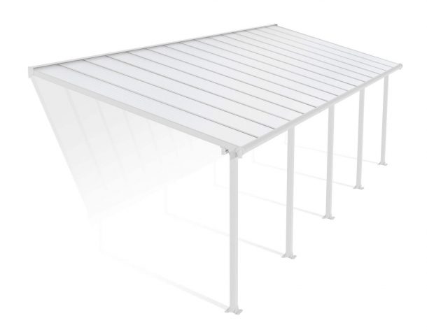 Feria 10 ft. x 30 ft. White Aluminium Patio Cover With 5 Posts, White Twin-Wall Polycarbonate Roof Panels.