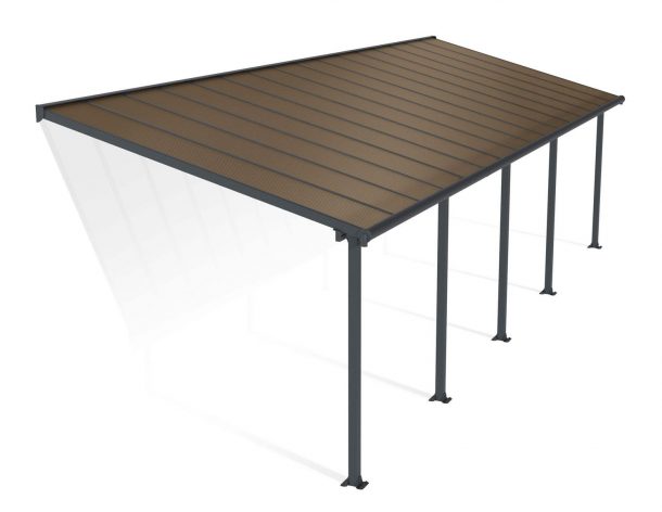 Feria 10 ft. x 32 ft. Grey Aluminium Patio Cover With 5 Posts, Bronze Twin-Wall Polycarbonate Roof Panels