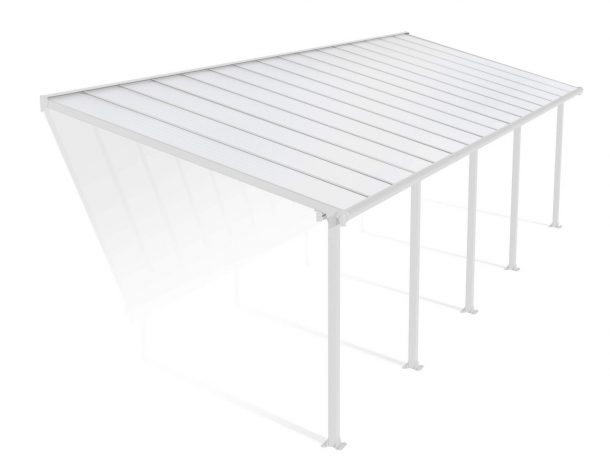 Feria 10 ft. x 32 ft. White Aluminium Patio Cover With 5 Posts, White Twin-Wall Polycarbonate Roof Panels.