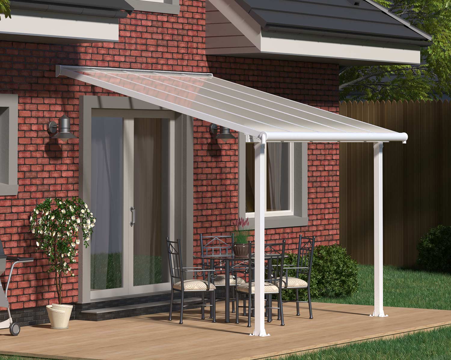Olympia 10 ft. x 10 ft. White Aluminium Patio Cover with Clear twin-wall polycarbonate roof panels on Deck Patio protect garden furniture