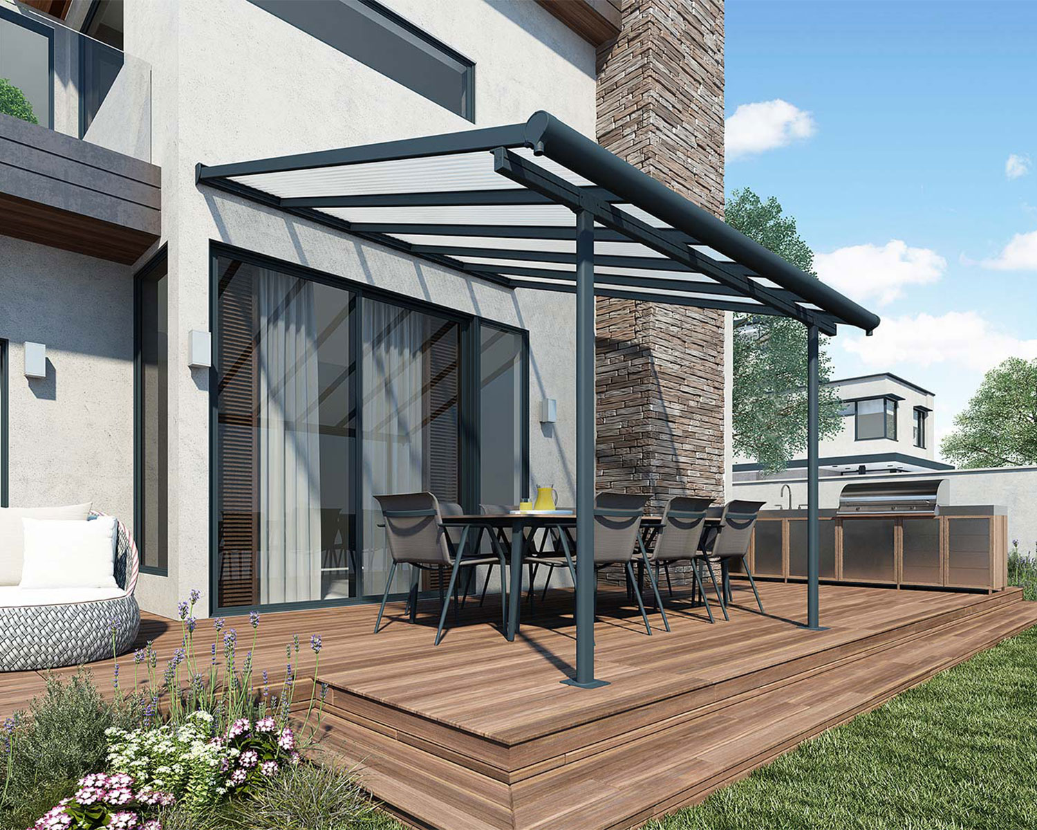 Grey Aluminium Patio Cover With Clear twin-wall polycarbonate roof panels on Deck Patio protect garden furniture