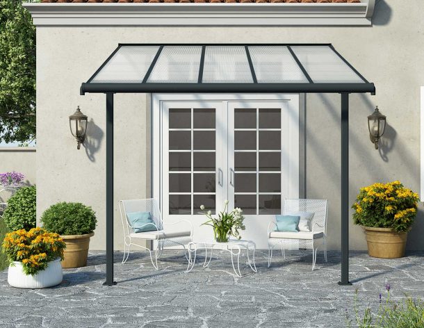 Grey Aluminium Patio Cover with Clear twin-wall polycarbonate roof panels protect garden furniture