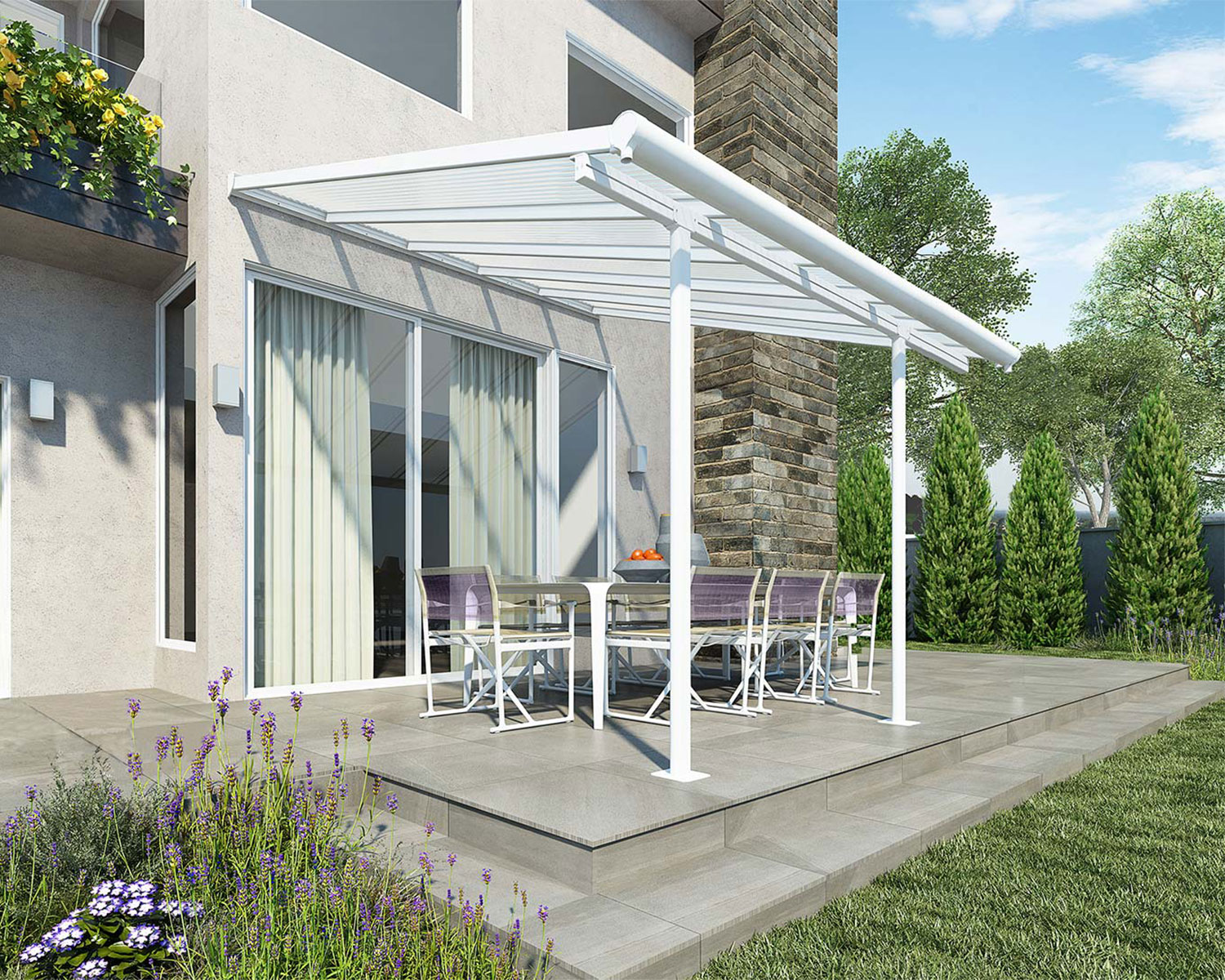 White Aluminium Patio Cover with Clear twin-wall polycarbonate roof panels protect garden furniture