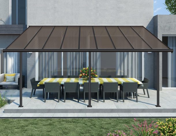Grey Aluminium Patio Cover with Bronze twin-wall polycarbonate roof panels protect garden furniture