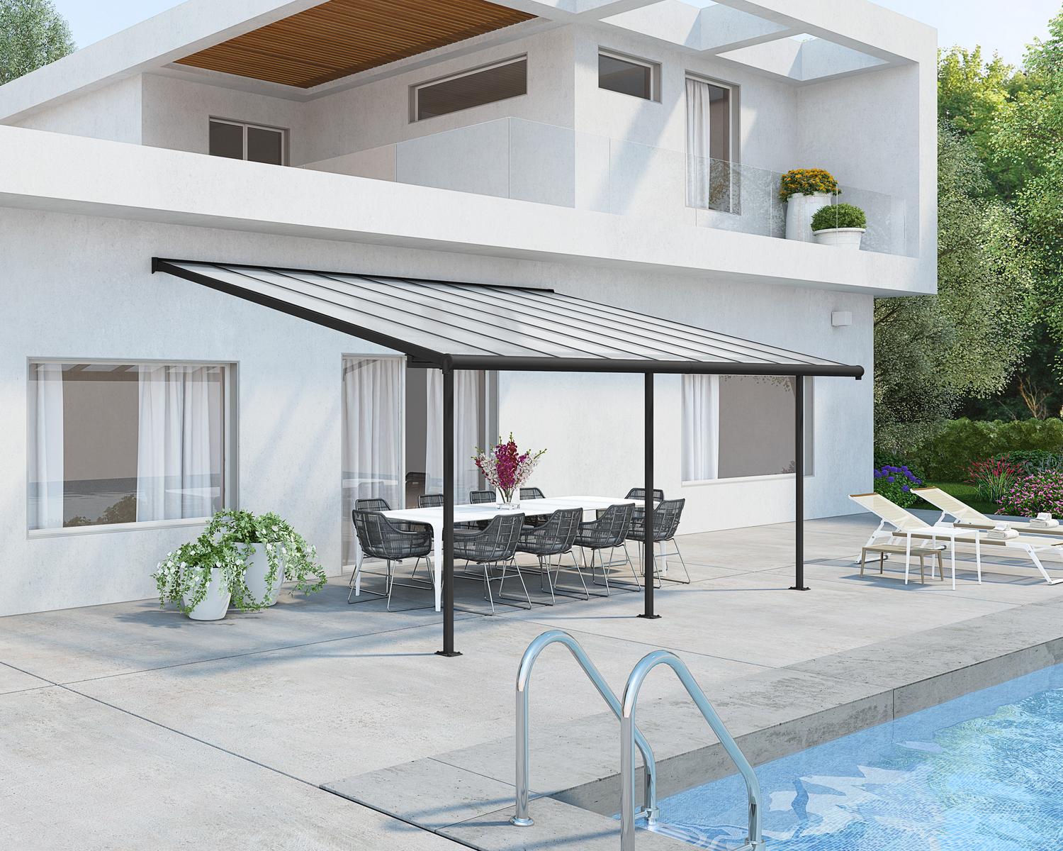 Sierra 10 ft. x 18 ft. Grey Aluminium Patio Cover With Clear twin-wall polycarbonate roof panels on Beside Pool Patio protect garden furniture