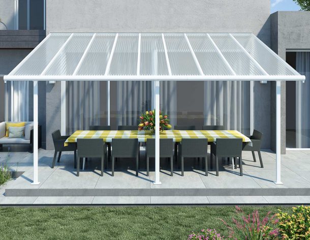 White Aluminium Patio Cover with Clear twin-wall polycarbonate roof panels protect garden furniture