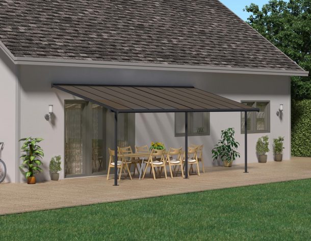 Grey Aluminium Patio Cover With Bronze-tinted twin-wall polycarbonate roof panels on Deck Patio
