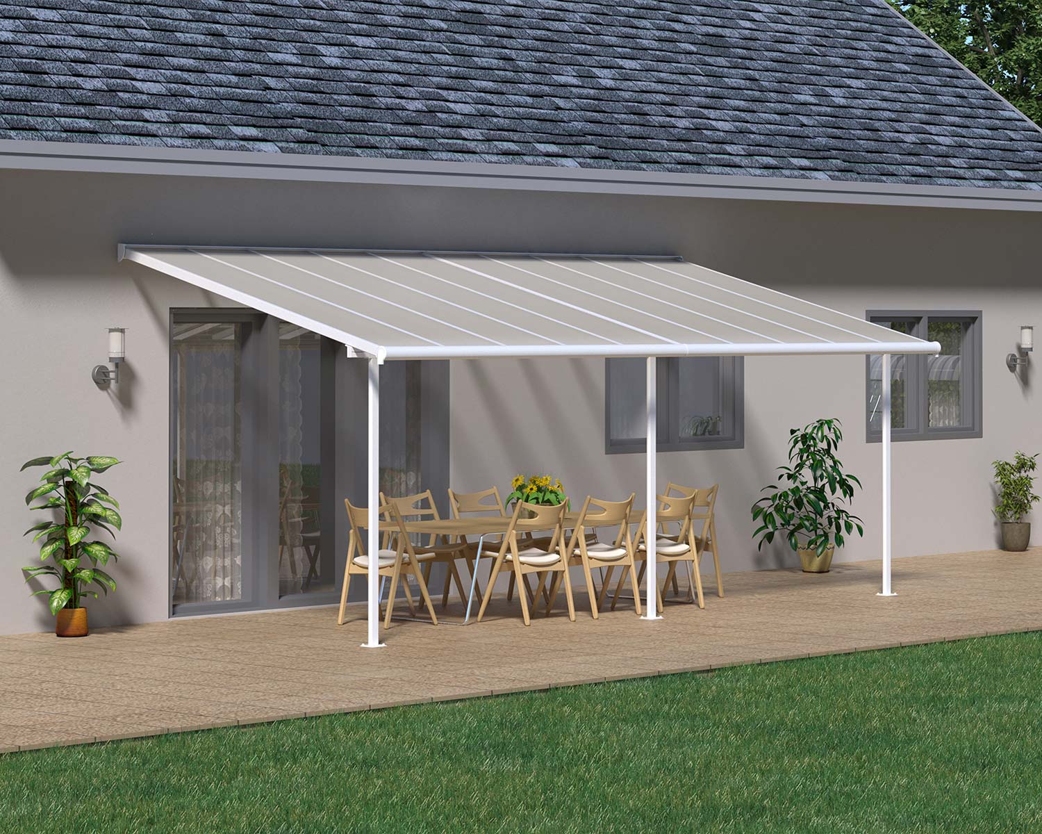 Sierra 10 ft. x 20 ft. White Aluminium Patio Cover With Clear twin-wall polycarbonate roof panels on Deck Patio