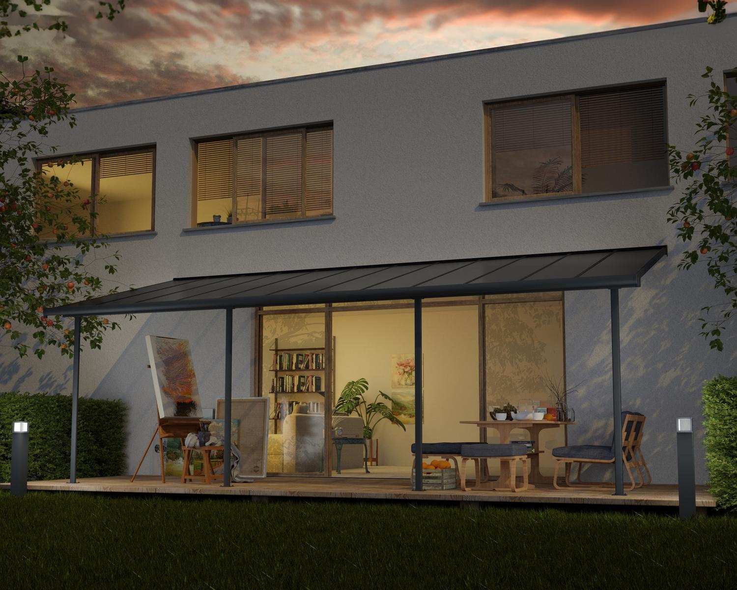 Sierra 10 ft. x 24 ft. Patio Cover With 4 Posts grey Aluminium Patio Cover With grey twin-wall polycarbonate roof panels on grey platform