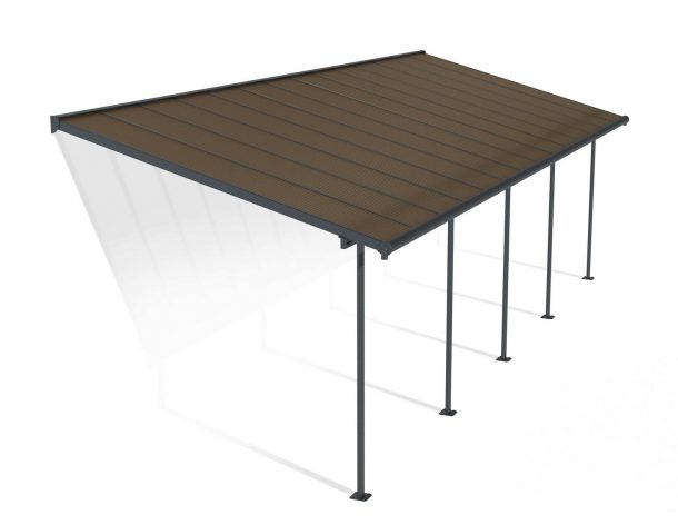 Sierra 10 ft. x 28 ft. Grey Aluminium Patio Cover With 5 Posts, Bronze Twin-Wall Polycarbonate Roof Panels