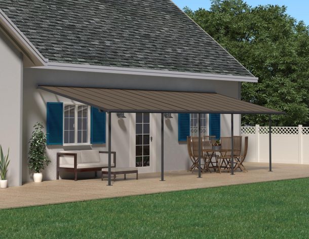 Grey Aluminium Patio Cover With Bronze-tinted twin-wall polycarbonate roof panels on Deck Patio protect garden furniture