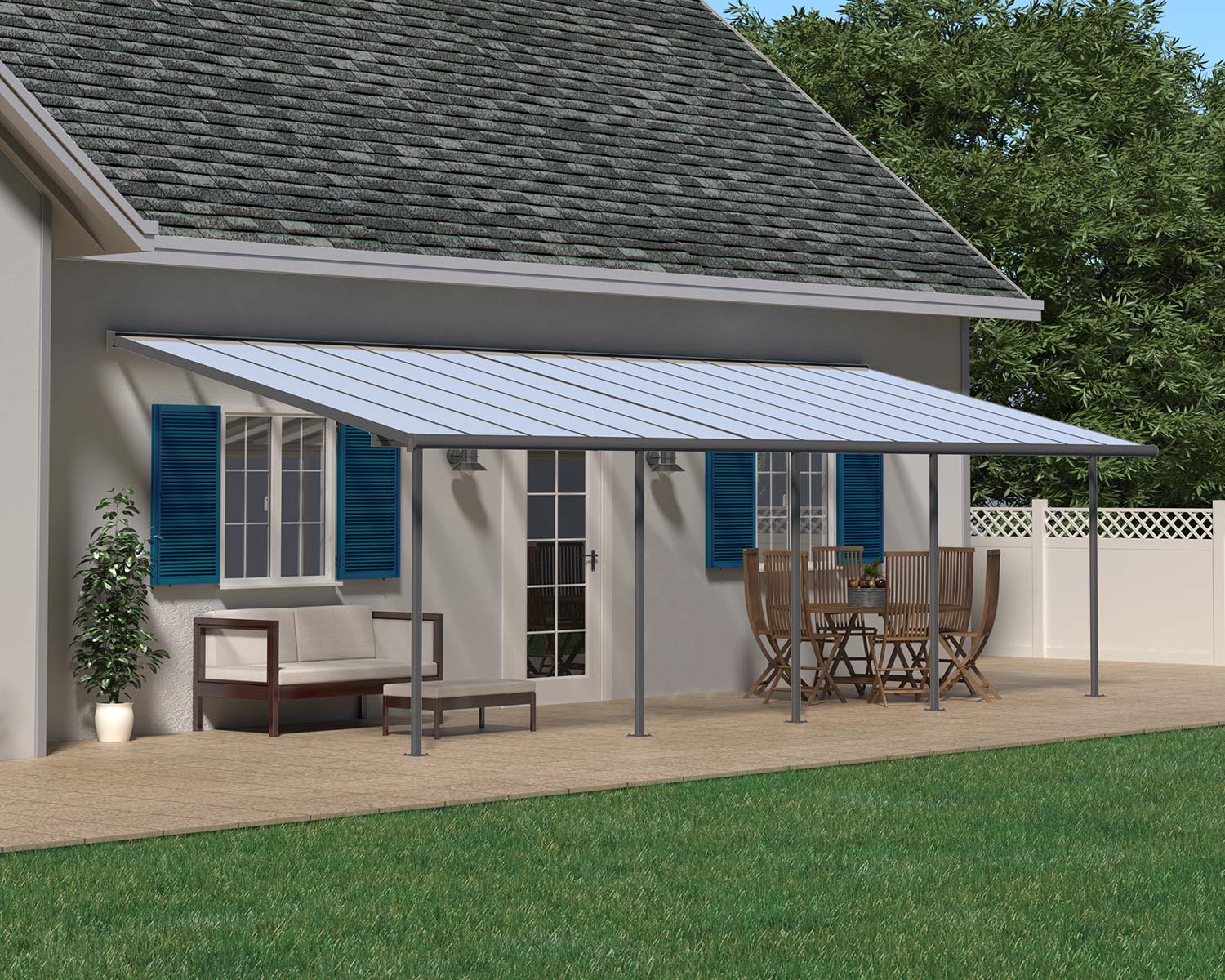 Sierra 10 ft. x 30 ft. With 5 Posts, Grey Aluminium Patio Cover, Clear Twin-Wall Polycarbonate Roof Panels on deck