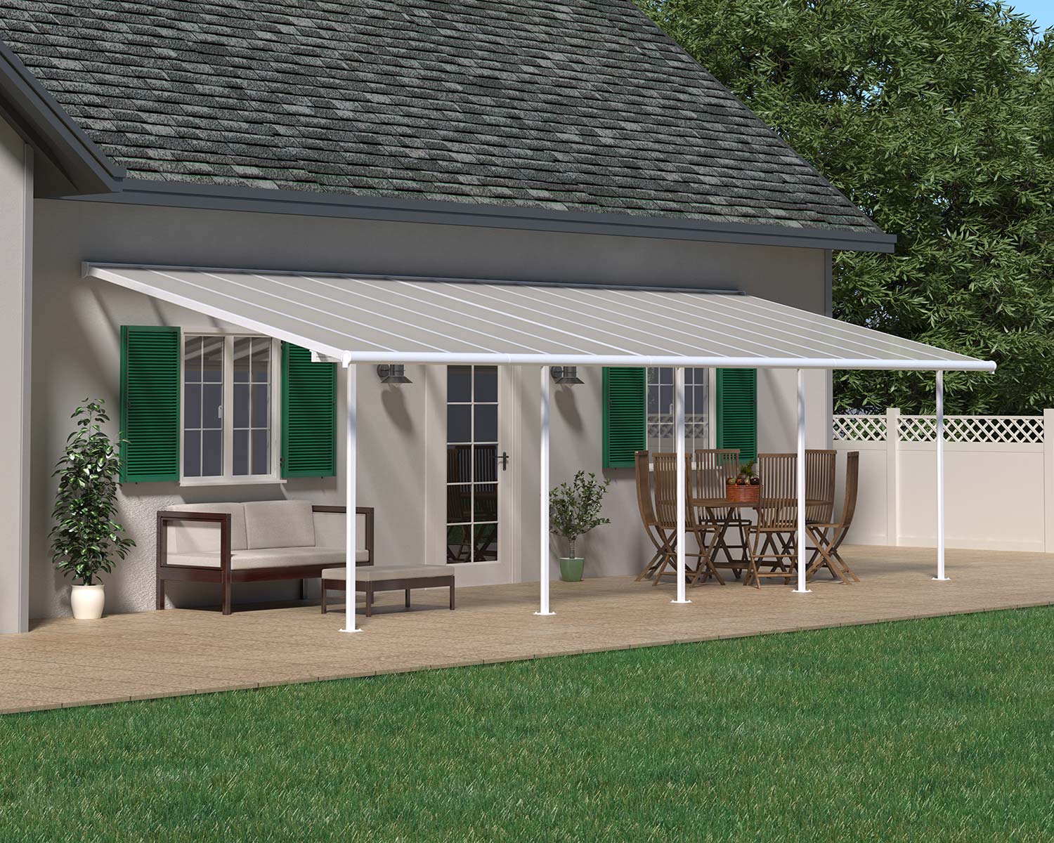 Sierra 10 ft. x 30 ft. White Aluminium Patio Cover With 5 Posts, Clear Twin-Wall Polycarbonate Roof Panels near pool