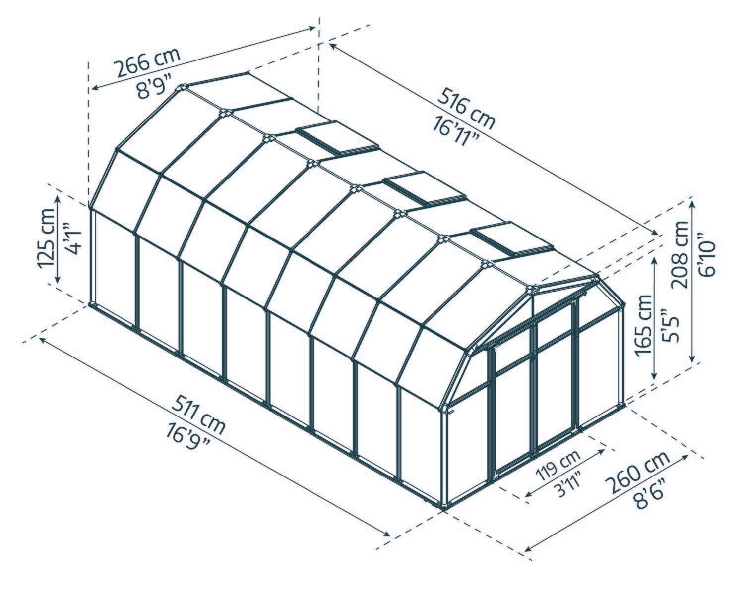 Hobby Gardener 8ft x 16ft green greenhouse with polycarbonate panels, brimming with plants inside and out, beneath a blue sky sketch
