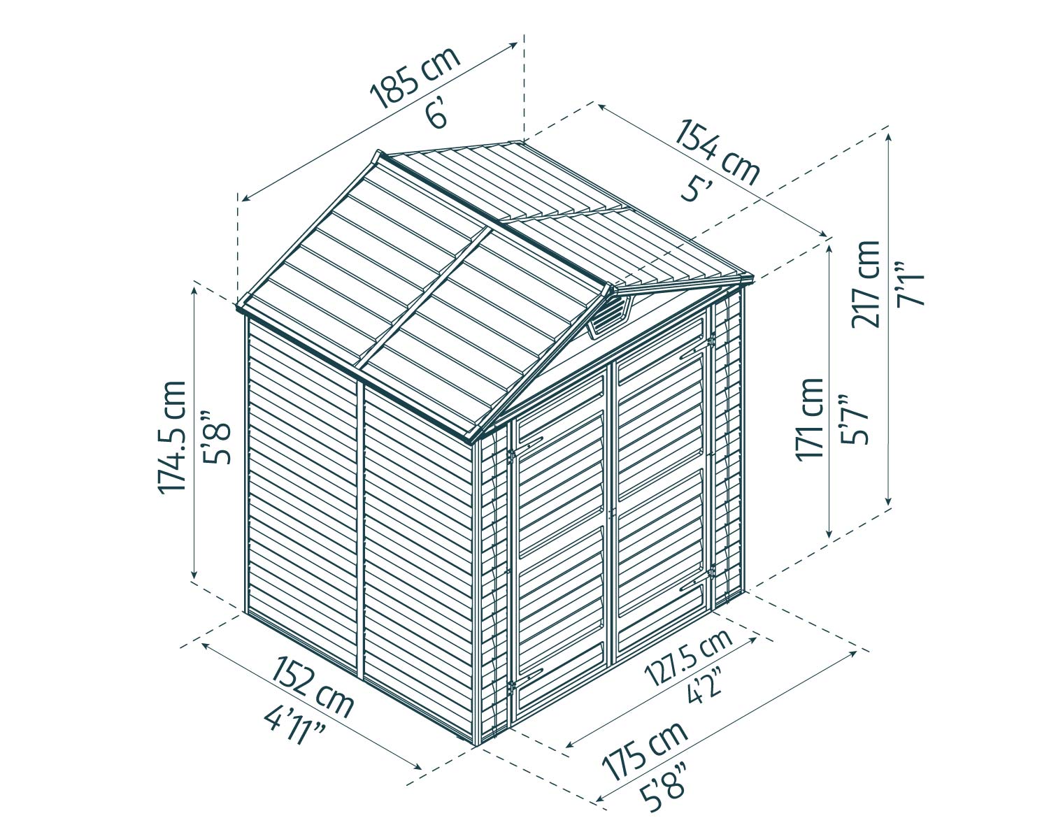 Stylish skylight plastic storage shed, 6 ft x 5 ft, set on a lush green lawn with trees sketch
