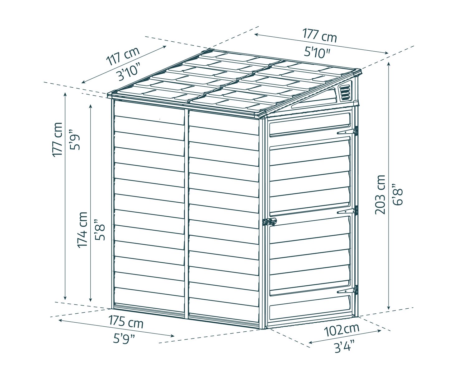 pent plastic storage shed, 4 ft x 6 ft, showcasing a sturdy construction and ample storage space sketch