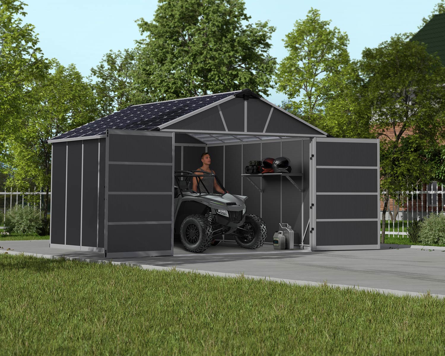 Yukon 11&#039; x 13&#039; Dark Grey Polycarbonate Multiwall and Aluminum Frame. ATV parked in a Plastic Garage Shed with Double Door