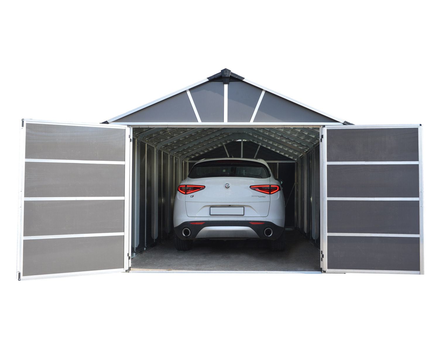 Yukon 11' x 13' Dark Grey Polycarbonate Multiwall and Aluminum Frame. A vehicle parked in a Plastic Garage Shed with Double Door