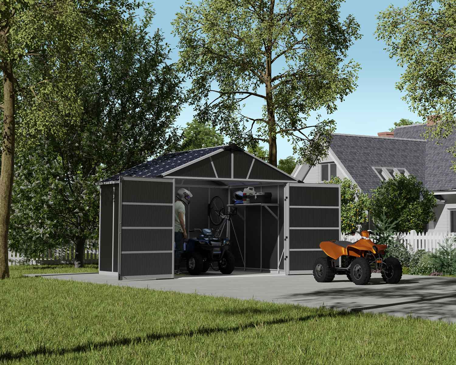 Yukon 11&#039; x 9&#039; Dark Grey Polycarbonate Multiwall and Aluminum Frame. ATV parked in a Plastic Garage Shed with Double Door.