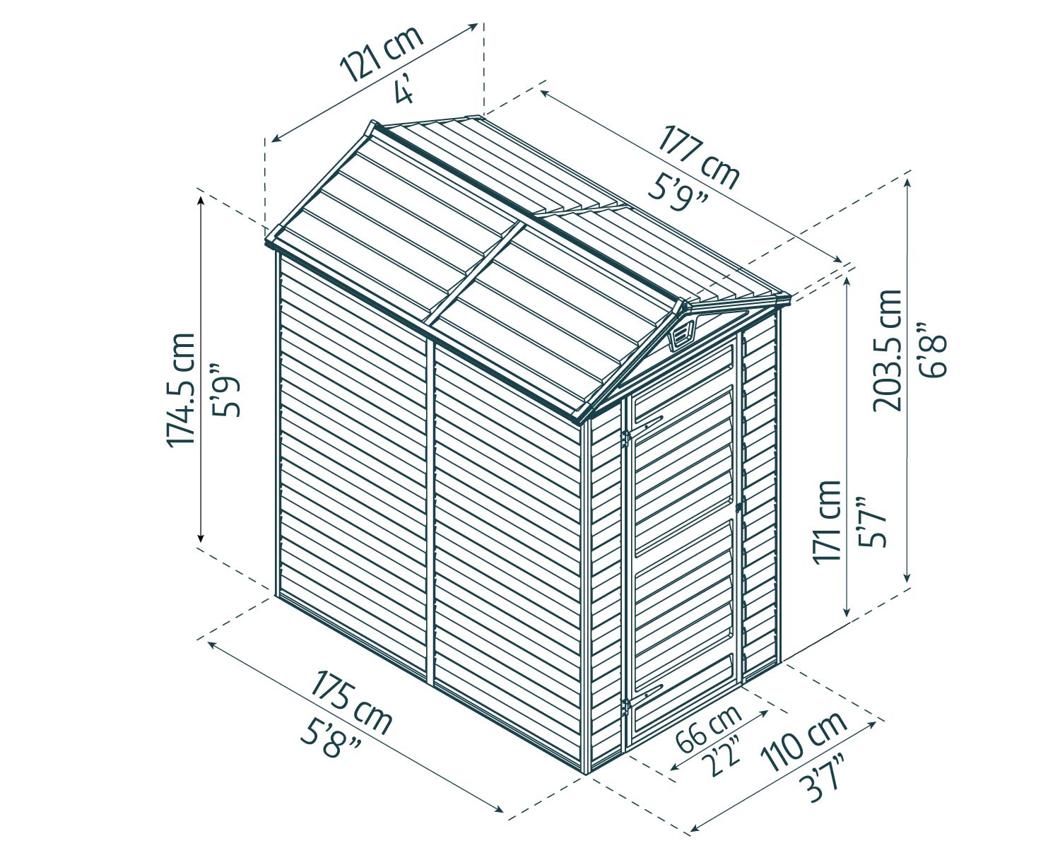 Brown Skylight storage shed, 4 ft x 6 ft, with modern design and white trim, on a concrete base beside a house Sketch