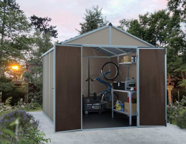 Rubicon 8&#039; x 10&#039; Garden Plastic Shed with Open Doors Tan Polycarbonate Walls and Aluminium Frame