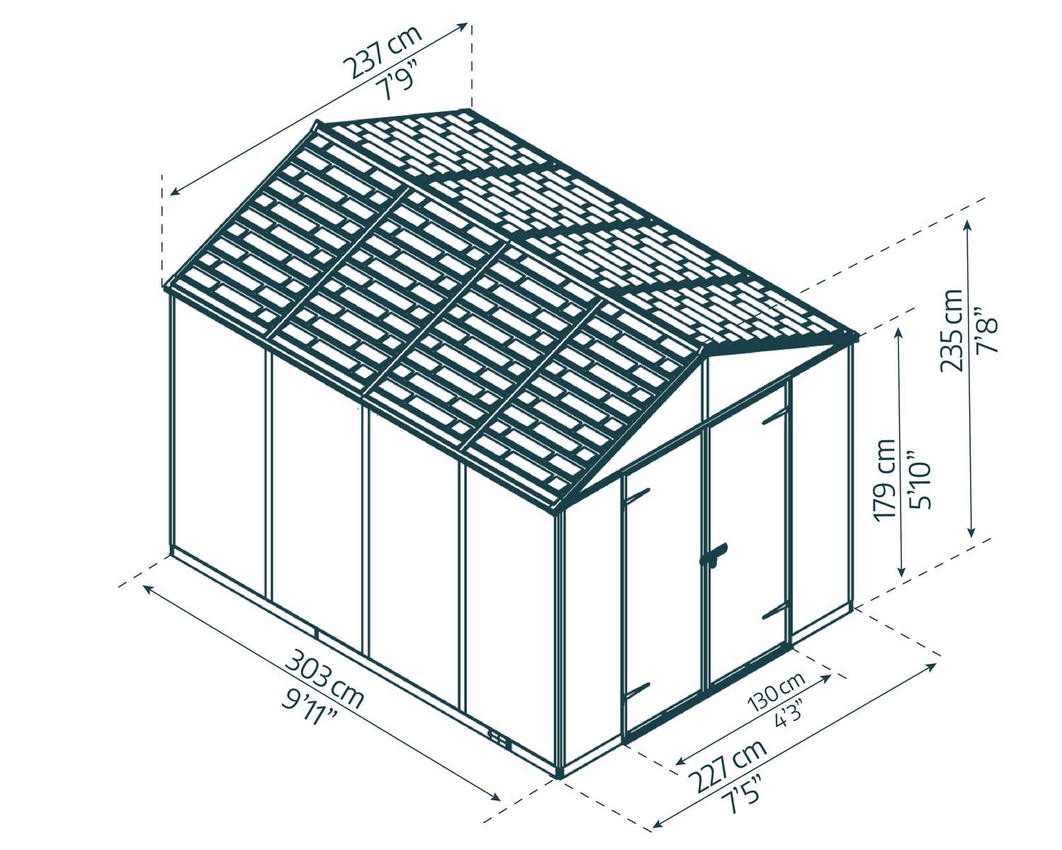 Rubicon 8' x 10' Garden Plastic Shed with Open Doors Dark Grey Polycarbonate Walls and Aluminium Frame sketch