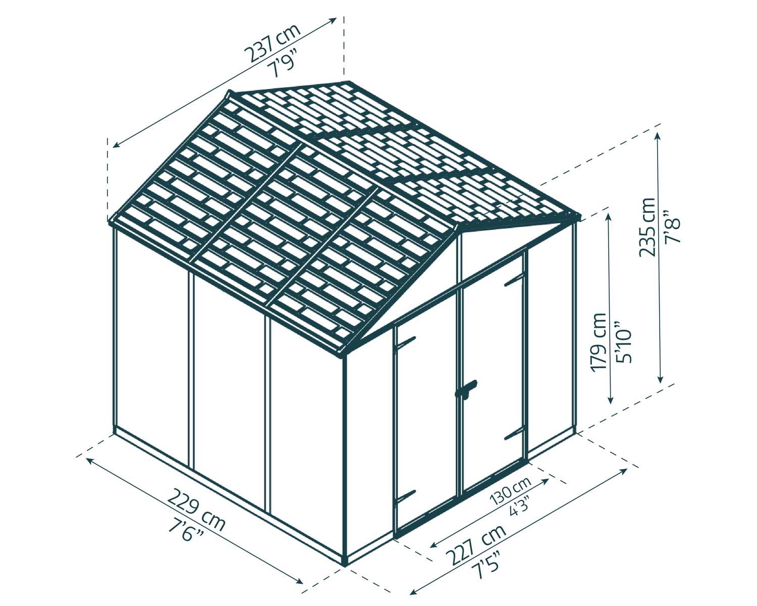 Dark grey Rubicon plastic storage shed, 8 ft x 8 ft, surrounded by flowers, with one door open revealing storage items sketch