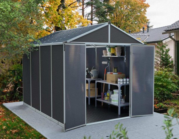 Rubicon 8' x 10' Garden Plastic Shed with Open Doors Dark Grey Polycarbonate Walls and Aluminium Frame