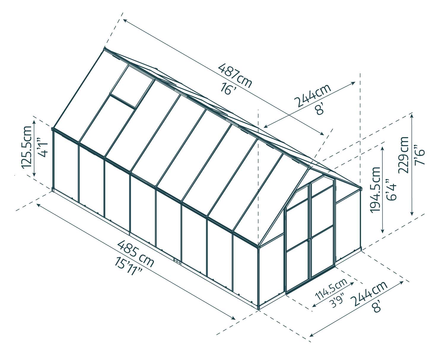 Essence 8x16 Silver greenhouse with polycarbonate panels, double doors, and a sloped roof, set amidst autumn trees sketch