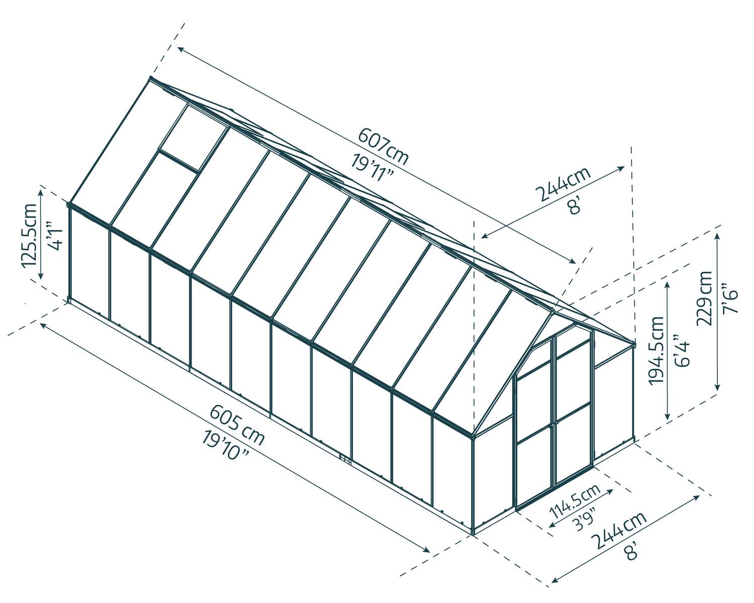 Essence 8x20 Silver greenhouse with polycarbonate panels, set in a spacious garden for optimal plant growth sketch