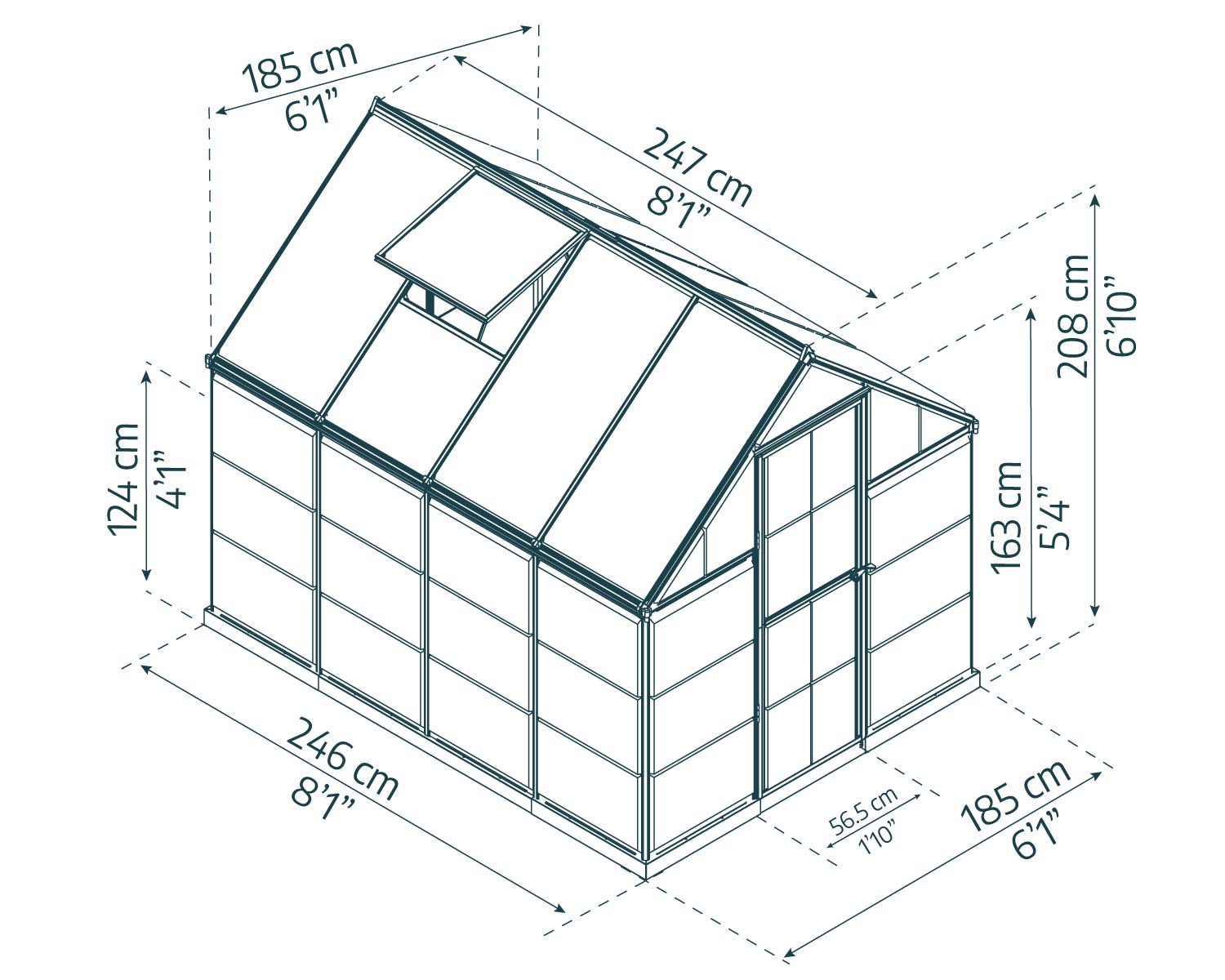 6ft x 8ft Hybrid greenhouse with a spacious design, clear polycarbonate panels, and aluminum frame, set in a garden with plants sketch