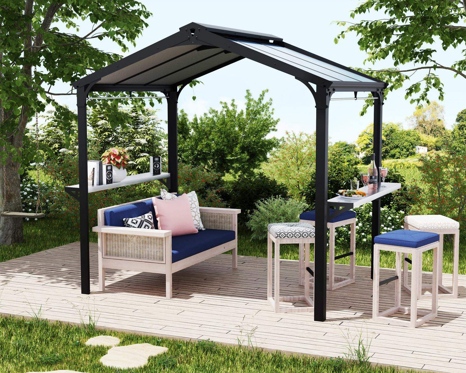Austin 6ft x 8ft Black Twinwall Aluminum Gazebo, featuring a modern design with a sofa, bar stools, and table set in a garden