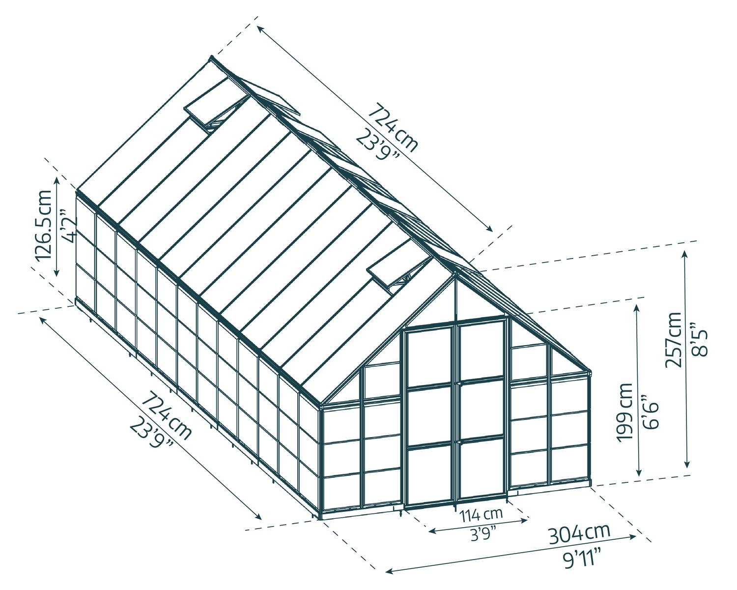 Balance 10ft x 24ft greenhouse with polycarbonate panels and aluminium frame, surrounded by plants and greenery sketch
