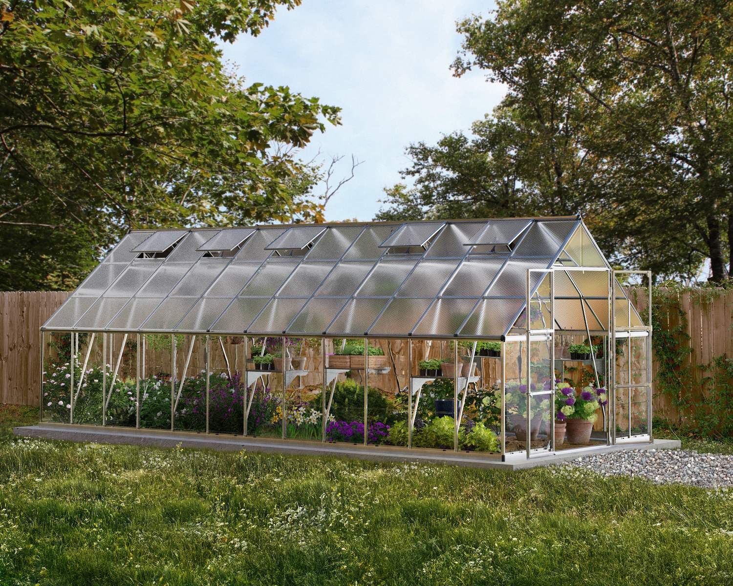Balance 10ft x 24ft silver greenhouse with polycarbonate panels and aluminium frame, surrounded by plants and greenery
