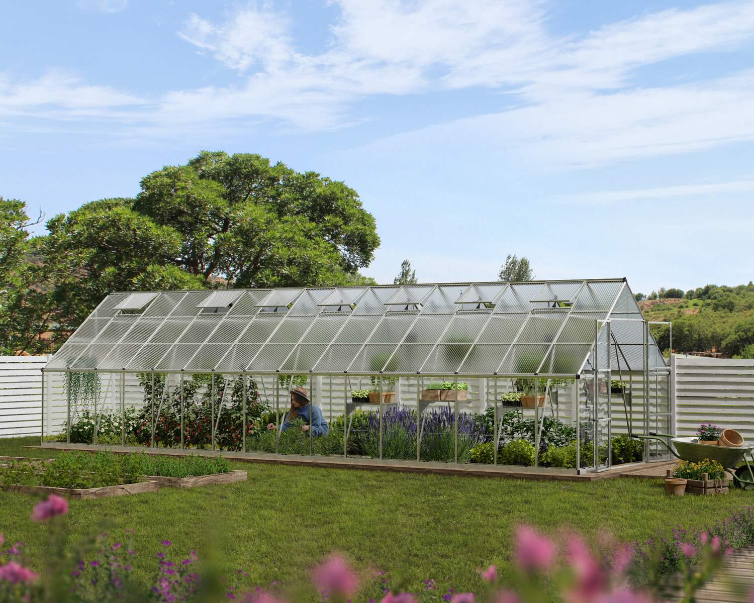 Spacious Balance 10x32 silver greenhouse with durable polycarbonate panels and frame, perfect for gardening and plant cultivation