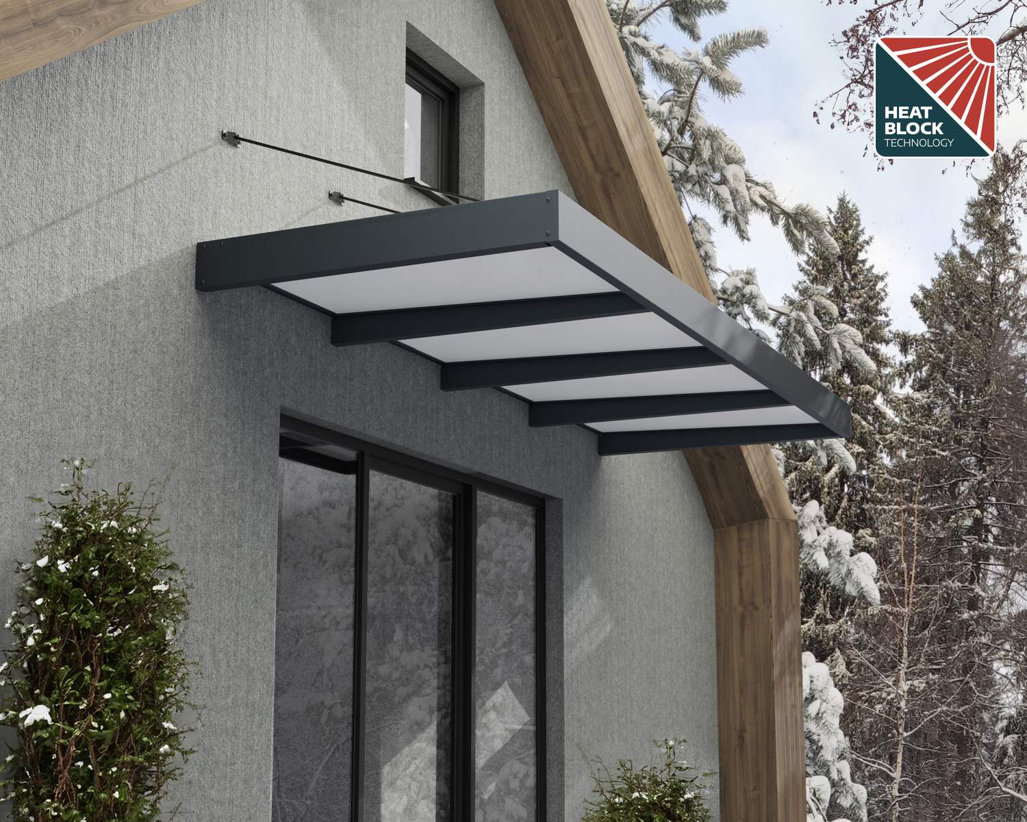 Sophia XL door awning in grey and white, 5 ft x 13 ft, with a clear panel and Heat Block Technology above a doorway