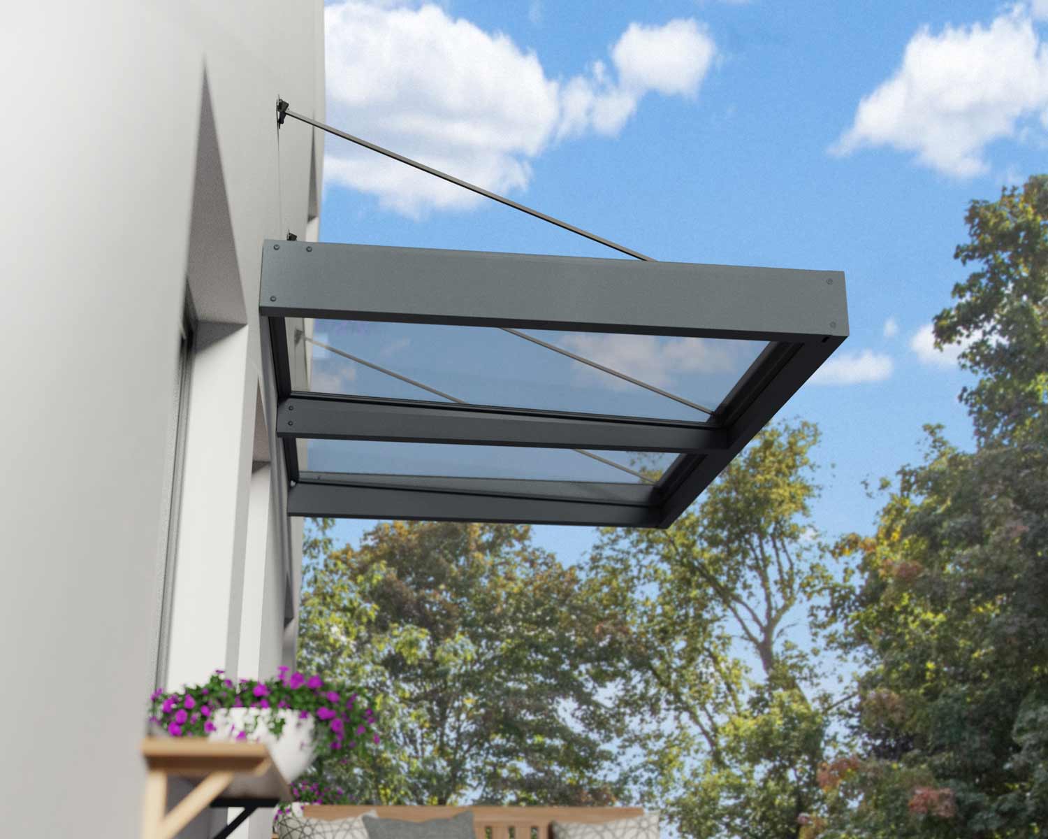 Grey Sophia XL door awning, 5 ft x 7 ft, with a clear panel and Heat Block Technology above a doorway