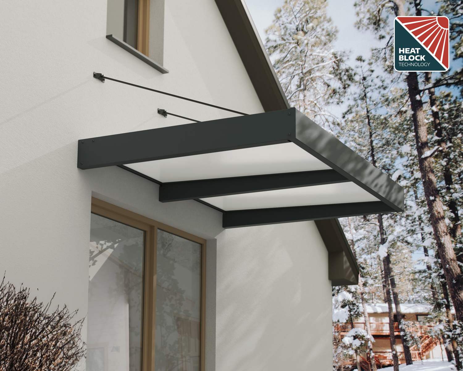 Grey Sophia XL door awning, 5 ft x 7 ft, with a white panel and Heat Block Technology above a doorway