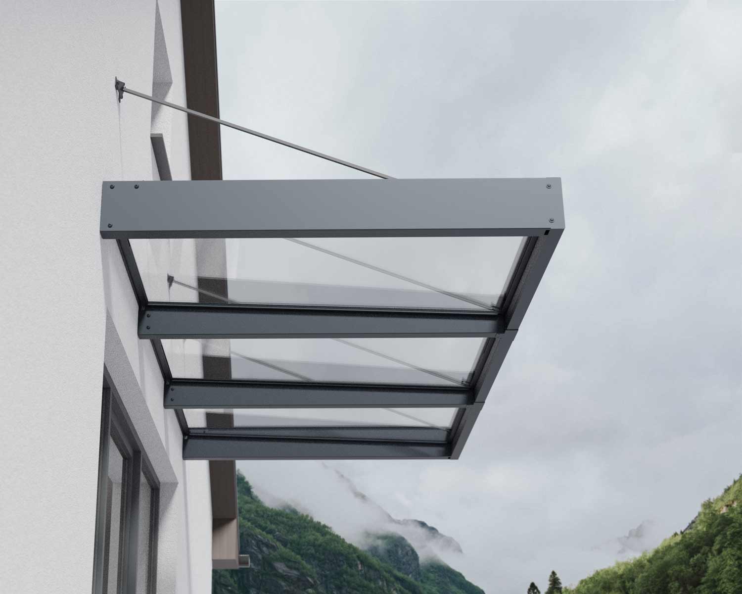 Grey Sophia XL door awning, 5 ft x 10 ft, featuring a clear panel and modern design, mounted above a doorway