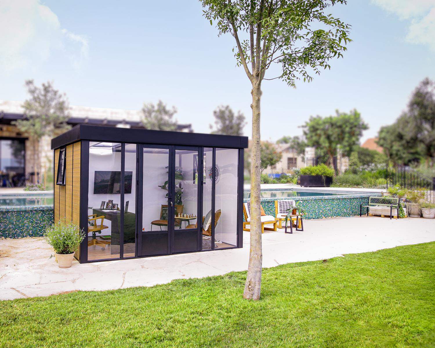 10 ft x 12 ft Copenhagen enclosed gazebo in black, featuring a contemporary design with large windows