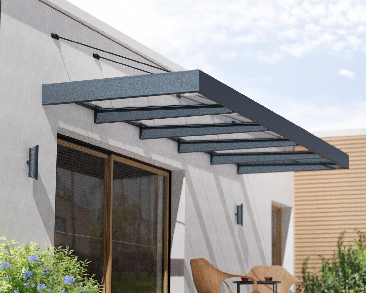 Grey Sophia XL 5 ft x 16 ft door awning above a door, with a clear panel and sleek design
