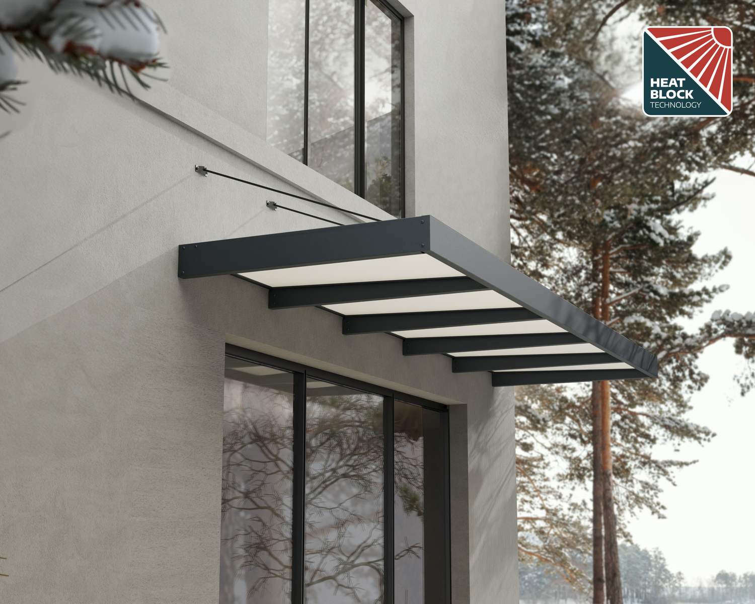 Sophia XL door awning in grey and white, 5 ft x 16 ft, with a clear panel above a doorway