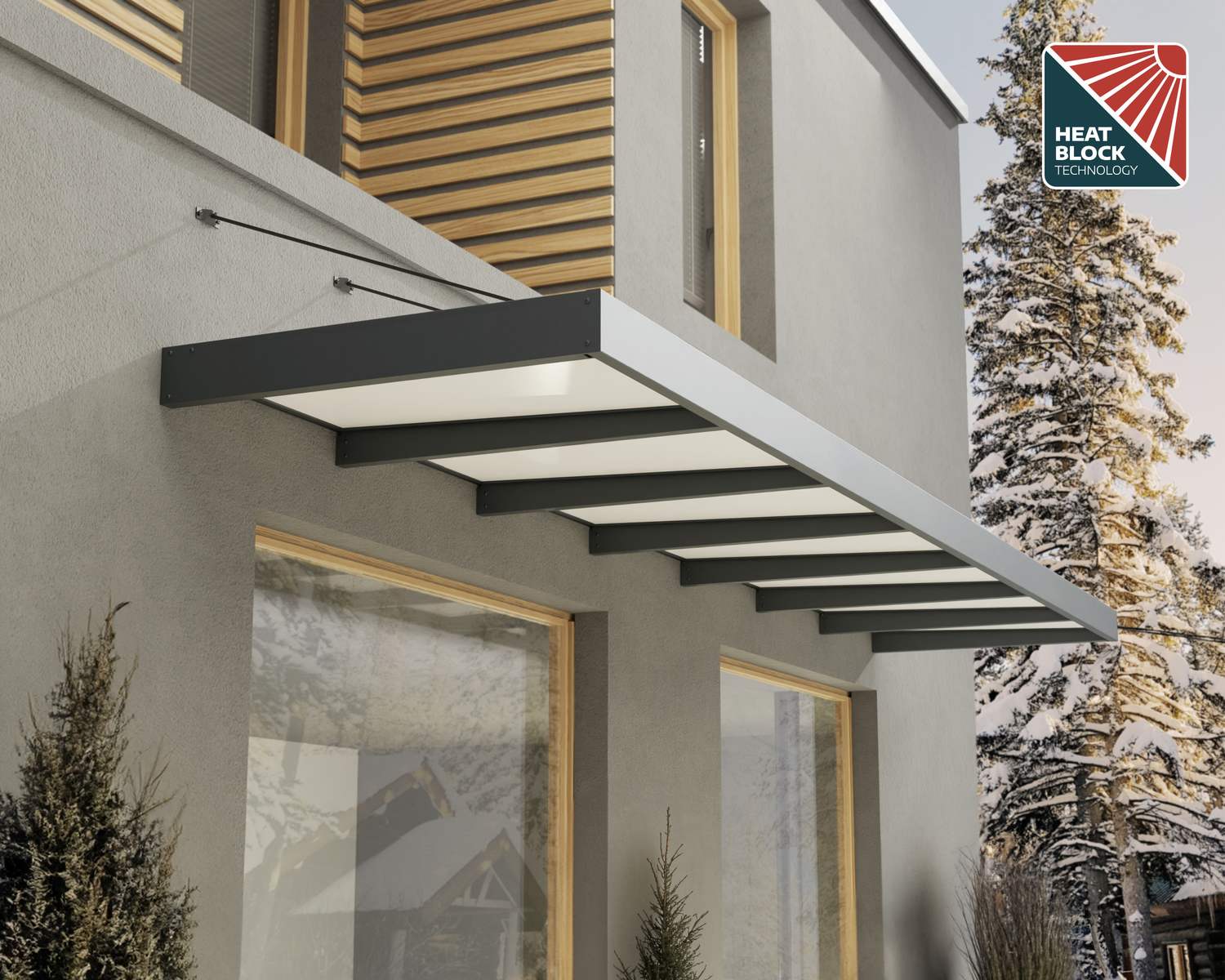 5 ft x 22 ft Sophia XL door awning in grey and white with Heat Block technology, installed above an entrance