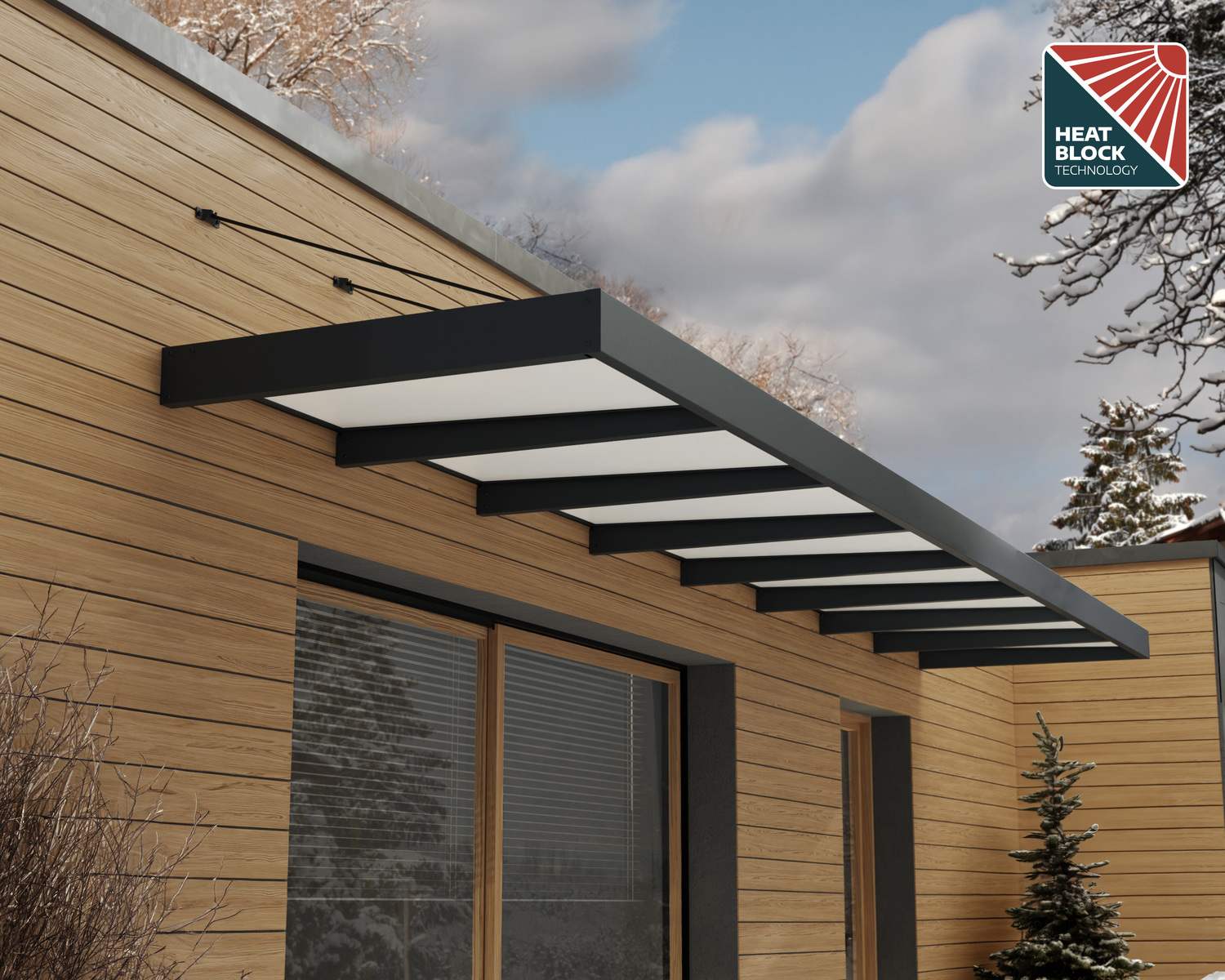 Sophia XL door awning 5 ft x 25 ft in grey and white, featuring a solid design and Heat Block technology