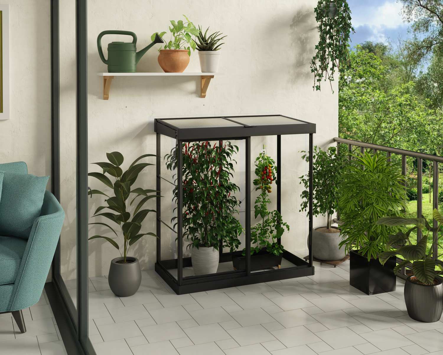 Ivy 4ft x 2ft black greenhouse with clear polycarbonate panels, featuring a compact design, filled with plants in a garden setting