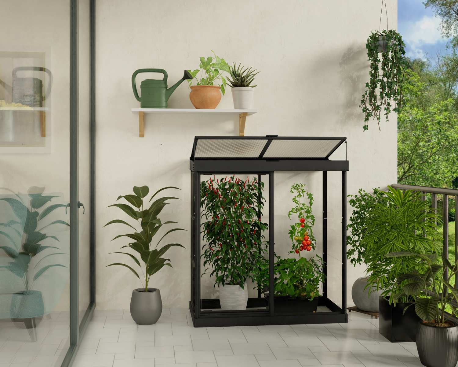 Ivy 4ft x 2ft black greenhouse with clear polycarbonate panels, featuring a compact design, filled with plants in a garden setting
