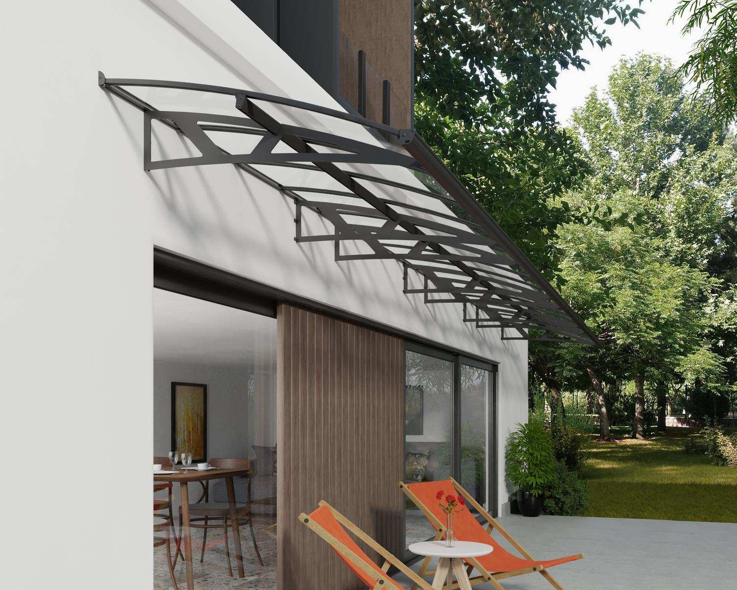 Grey Amsterdam door awning, 5 ft x 29 ft, with a transparent roof