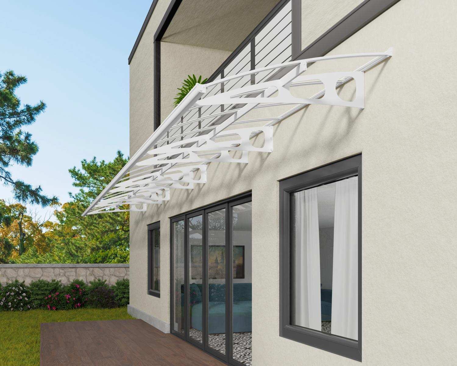 Curved white Bordeaux door awning 5 ft x 29 ft featuring clear panels, elegantly positioned above a door