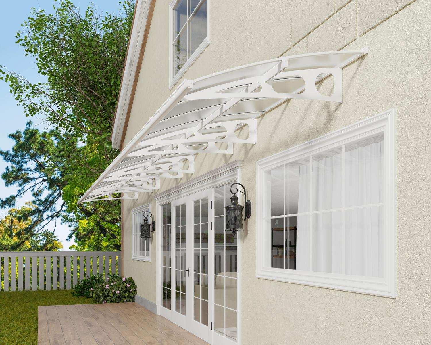 White Bordeaux door awning 5 ft x 29 ft with a curved design and mist panels, mounted above a door